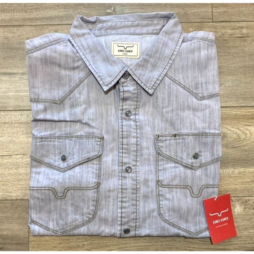 Kimes Ranch Grimes Mens L Gray Denim Shirt Western Pearl Snap Long Sleeve NEW